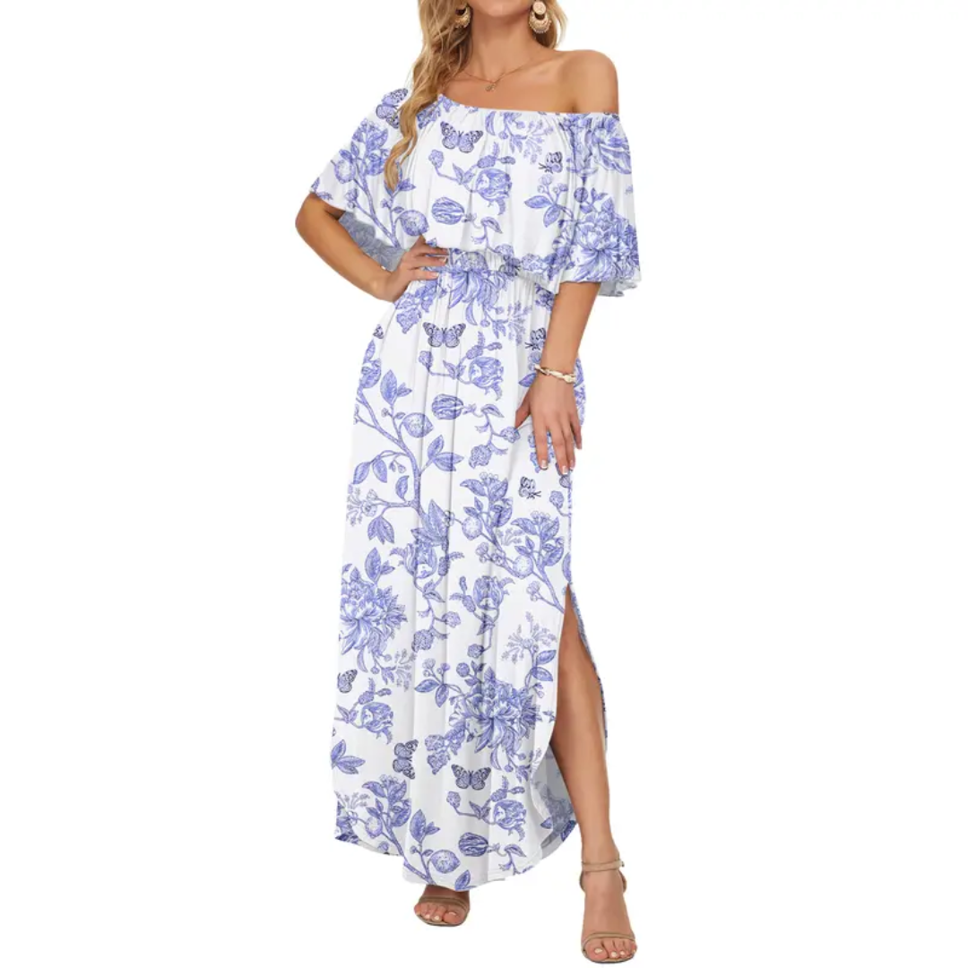 Květinové odhalené rameno závěsové šaty